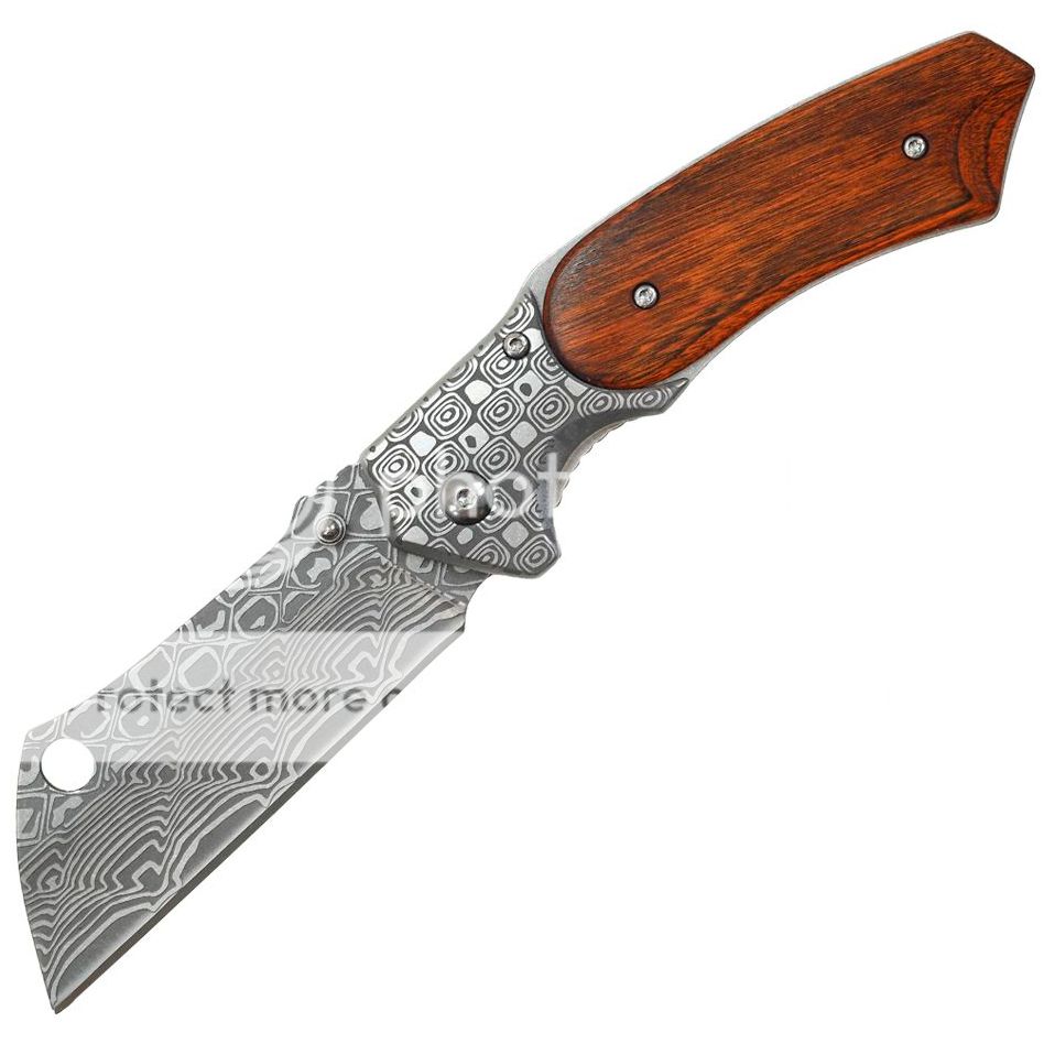 8" DAMASCUS STYLE CLEAVER BLADE ASSISTED OPEN FOLDING WOOD SPRING